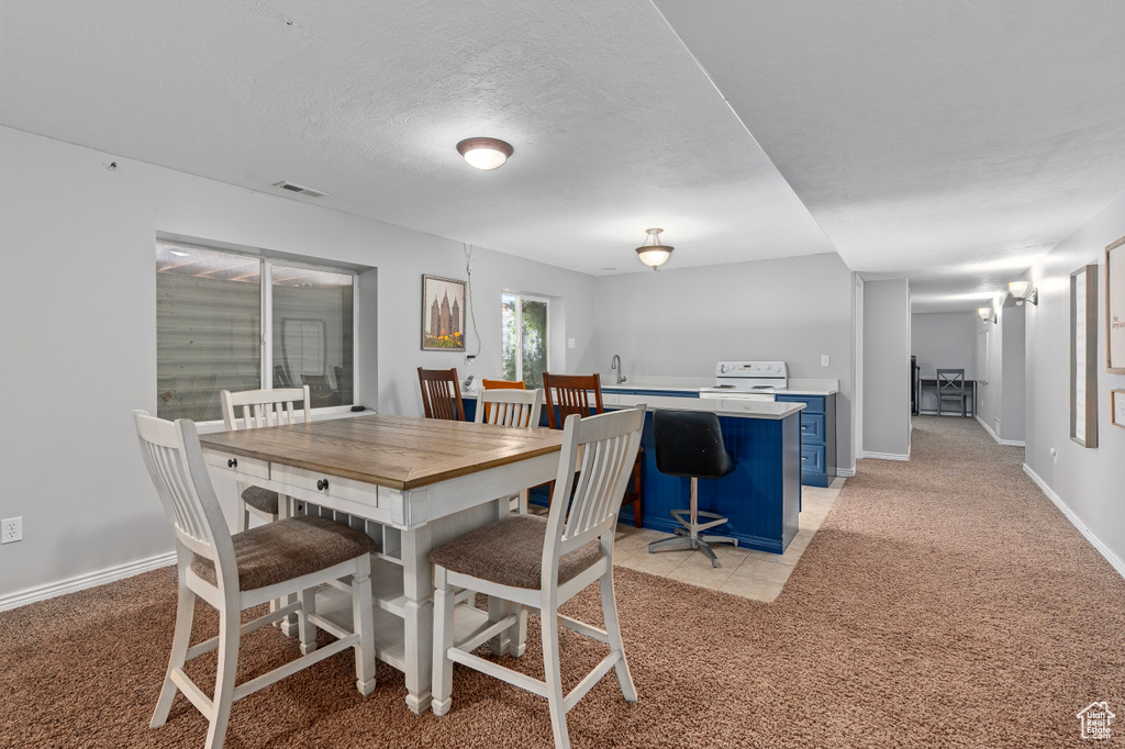 Dining area featuring light colored carpet, visible vents, a textured ceiling, and baseboards