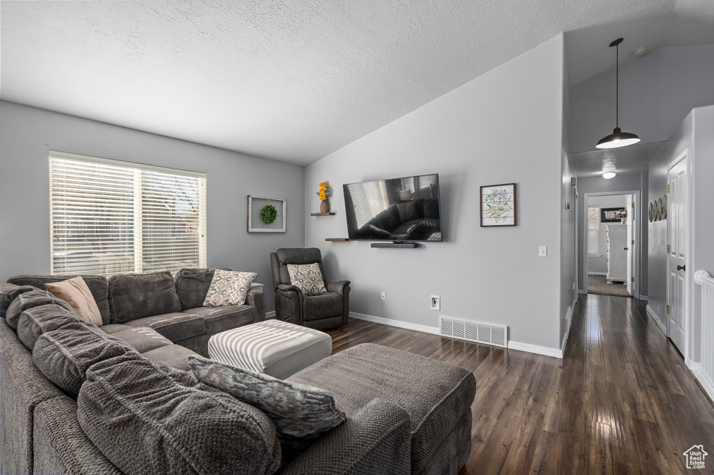 Living area with dark wood-style floors, lofted ceiling, visible vents, a textured ceiling, and baseboards
