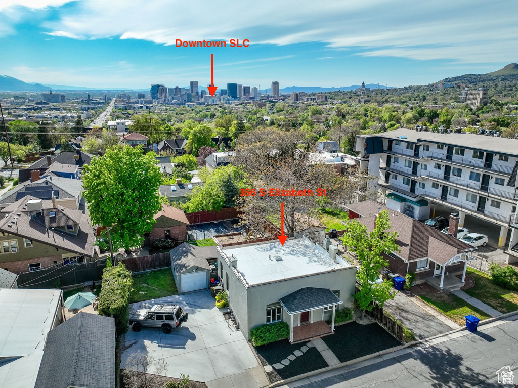 Drone / aerial view featuring a view of city and a mountain view