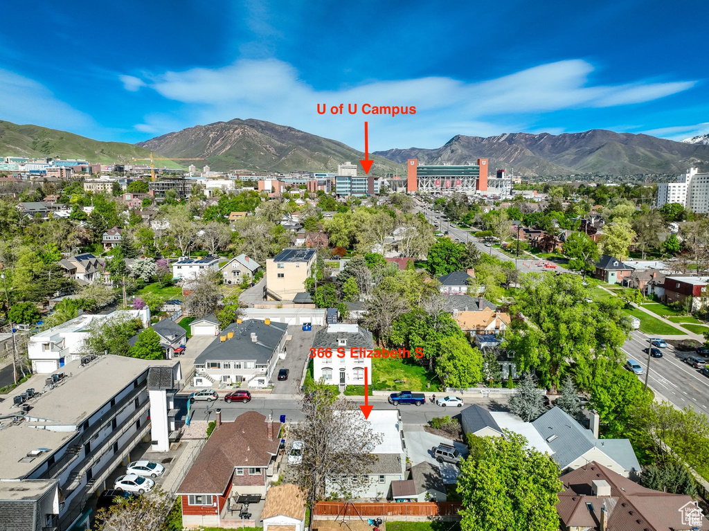 Drone / aerial view featuring a residential view and a mountain view