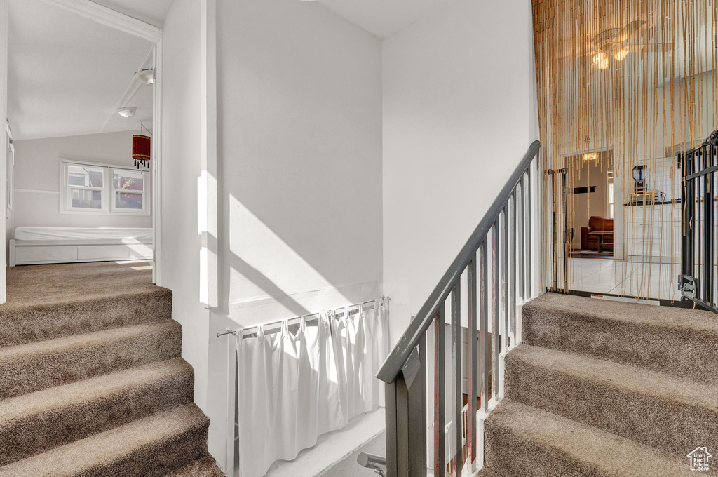 Staircase with vaulted ceiling and carpet