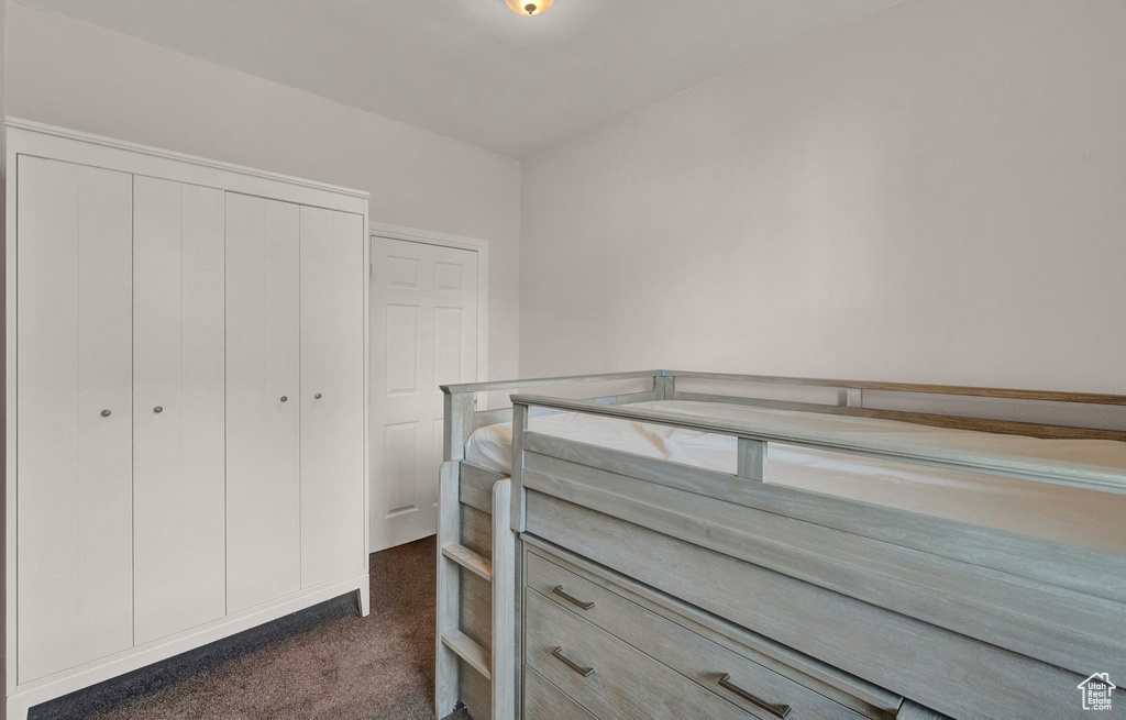 Interior space featuring a closet and dark carpet