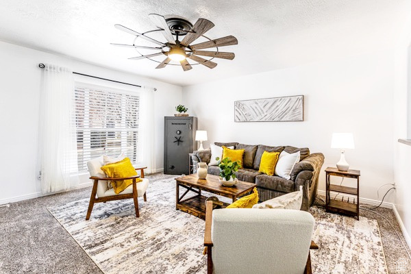 Living room featuring ceiling fan, carpet floors, a textured ceiling, and baseboards