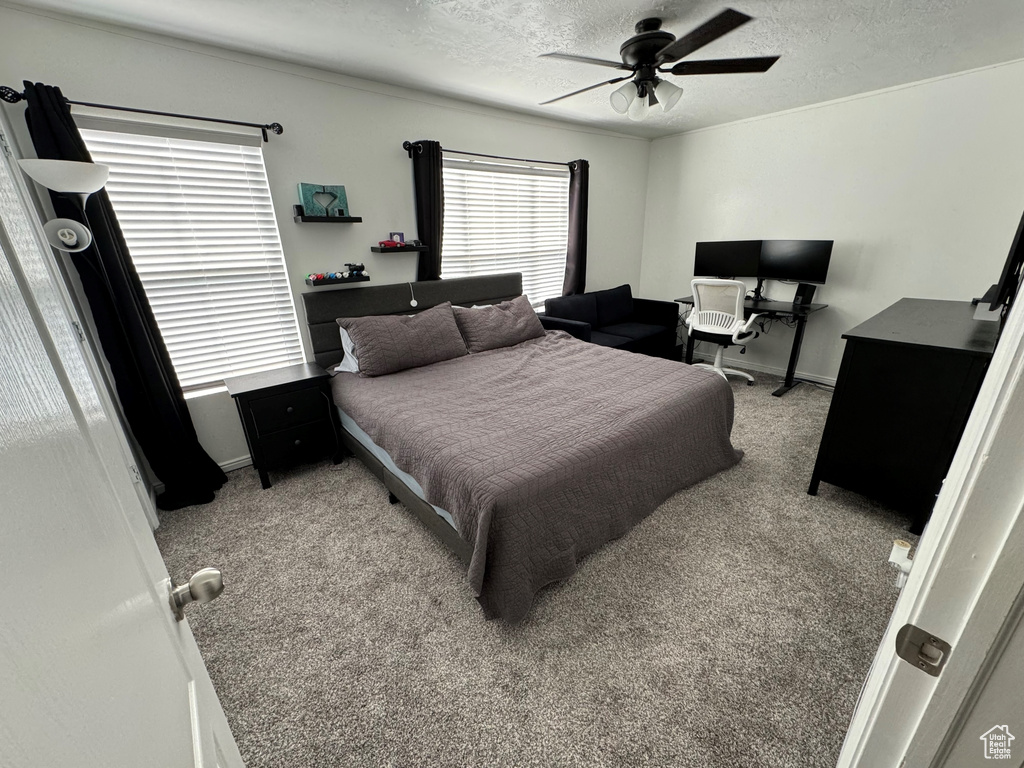 Carpeted bedroom featuring a ceiling fan, baseboards, and a textured ceiling