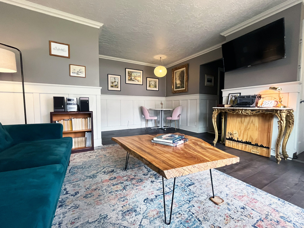 Living area featuring dark wood-type flooring, a wainscoted wall, crown molding, a textured ceiling, and a decorative wall
