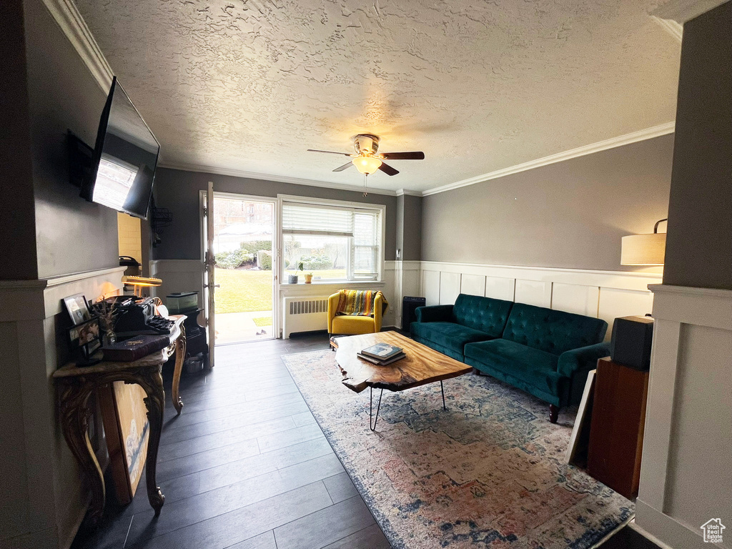 Living area featuring ceiling fan, a textured ceiling, radiator, ornamental molding, and wainscoting