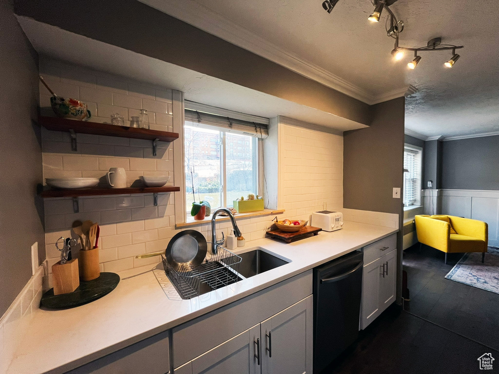 Kitchen with black dishwasher, crown molding, a sink, light countertops, and a wainscoted wall