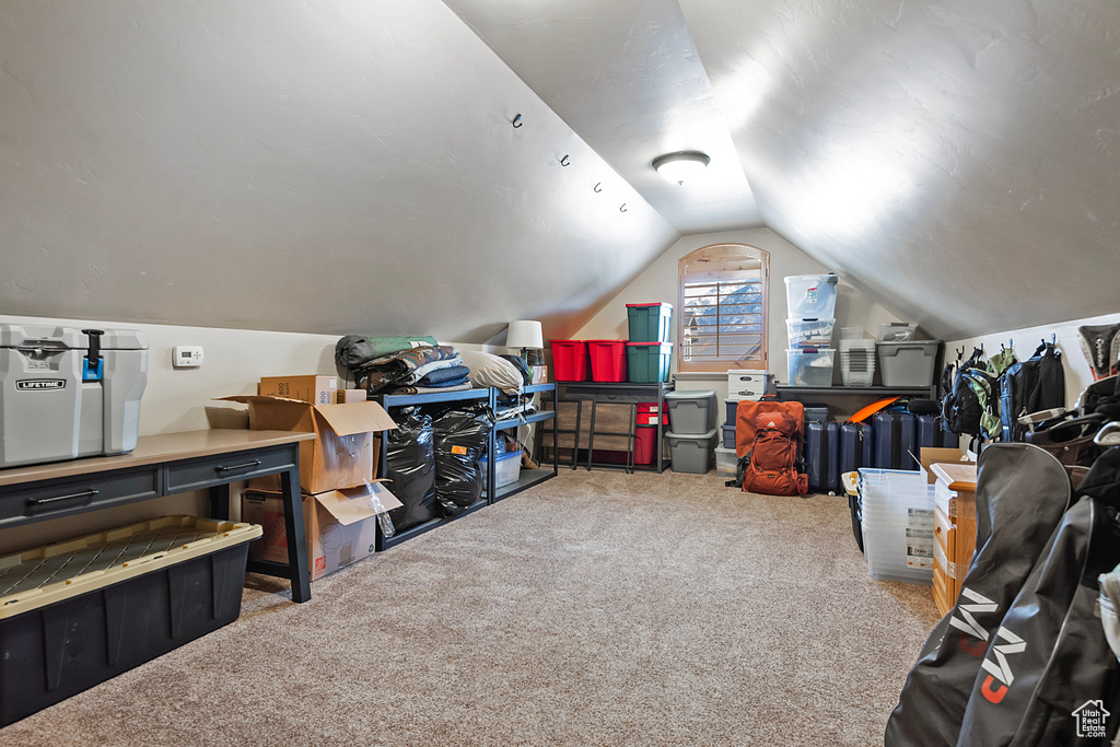 Interior space featuring carpet floors and lofted ceiling