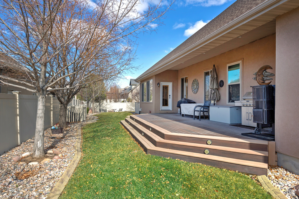 View of yard with a fenced backyard and a deck