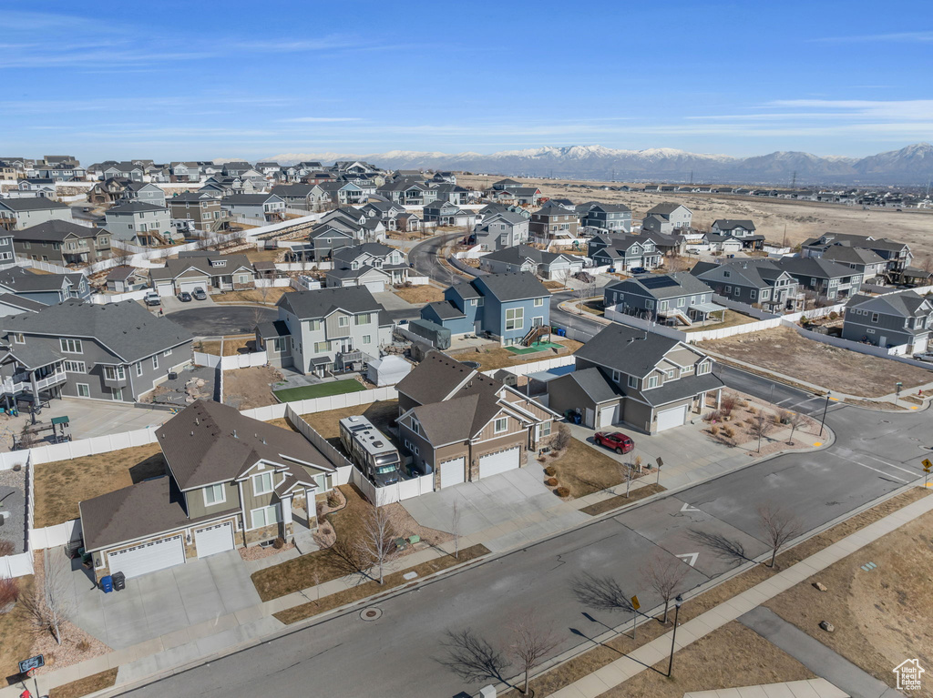 Drone / aerial view featuring a residential view and a mountain view