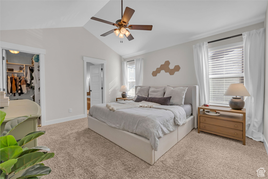 Bedroom with a ceiling fan, baseboards, vaulted ceiling, a spacious closet, and carpet