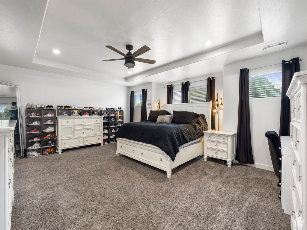 Bedroom with ceiling fan, dark colored carpet, a raised ceiling, and visible vents