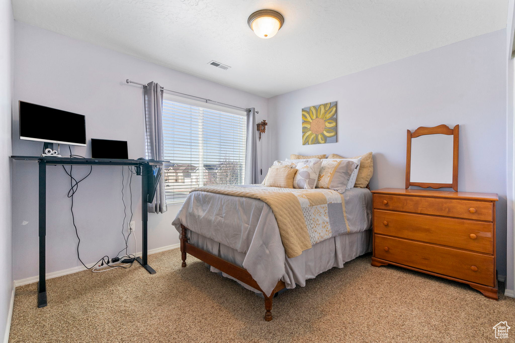 Carpeted bedroom featuring visible vents and baseboards