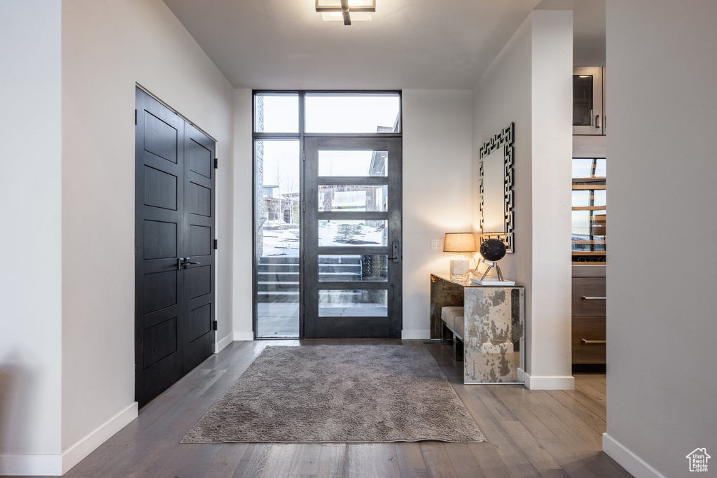 Entrance foyer featuring wood finished floors and floor to ceiling windows