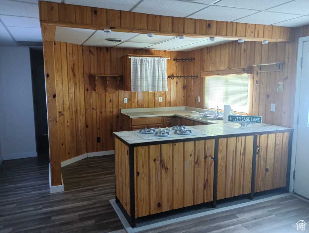 Kitchen with white cooktop, a sink, tile counters, and wooden walls