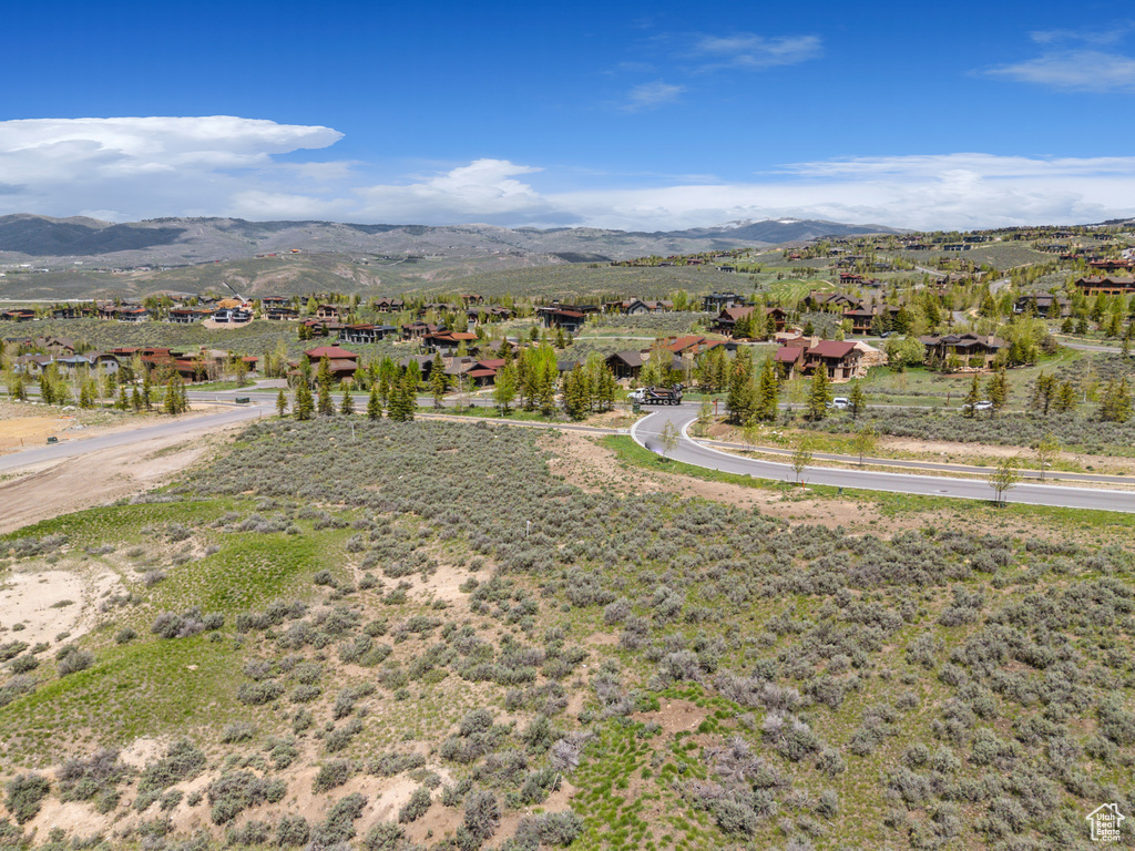 Aerial view of residential area featuring a mountain backdrop
