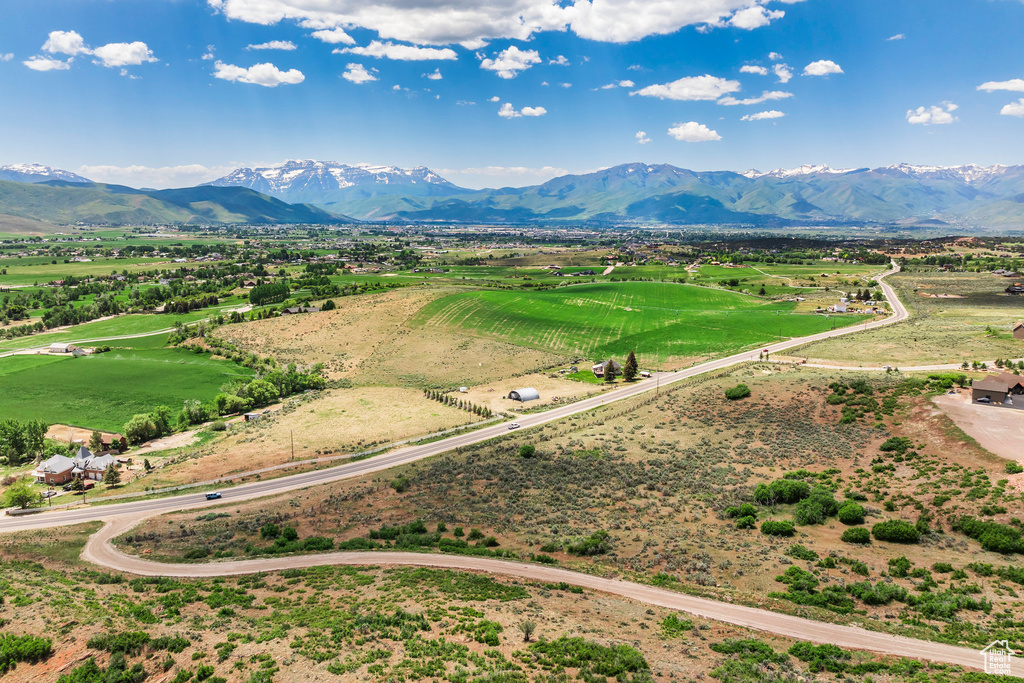 Aerial view of sparsely populated area with a mountain backdrop