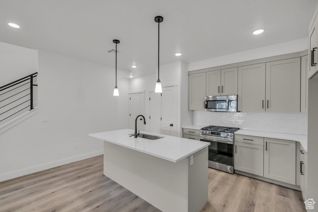 Kitchen with stainless steel appliances, a sink, visible vents, light wood-style floors, and tasteful backsplash