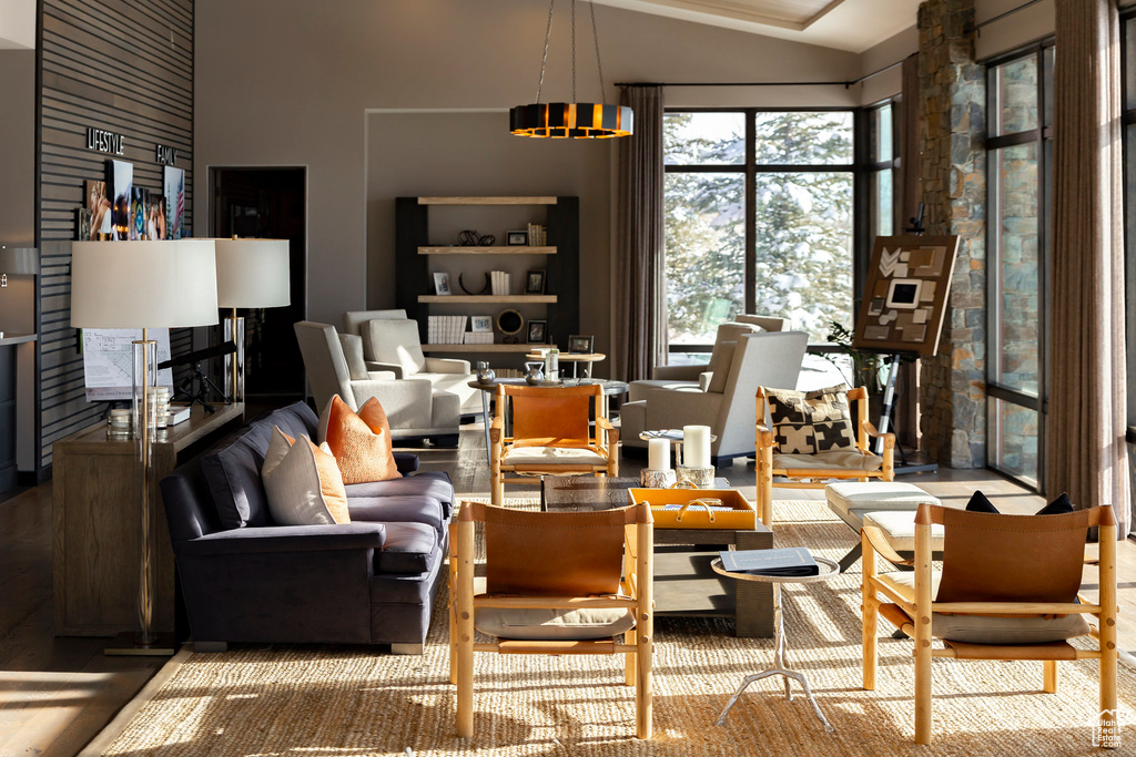 Living area featuring vaulted ceiling