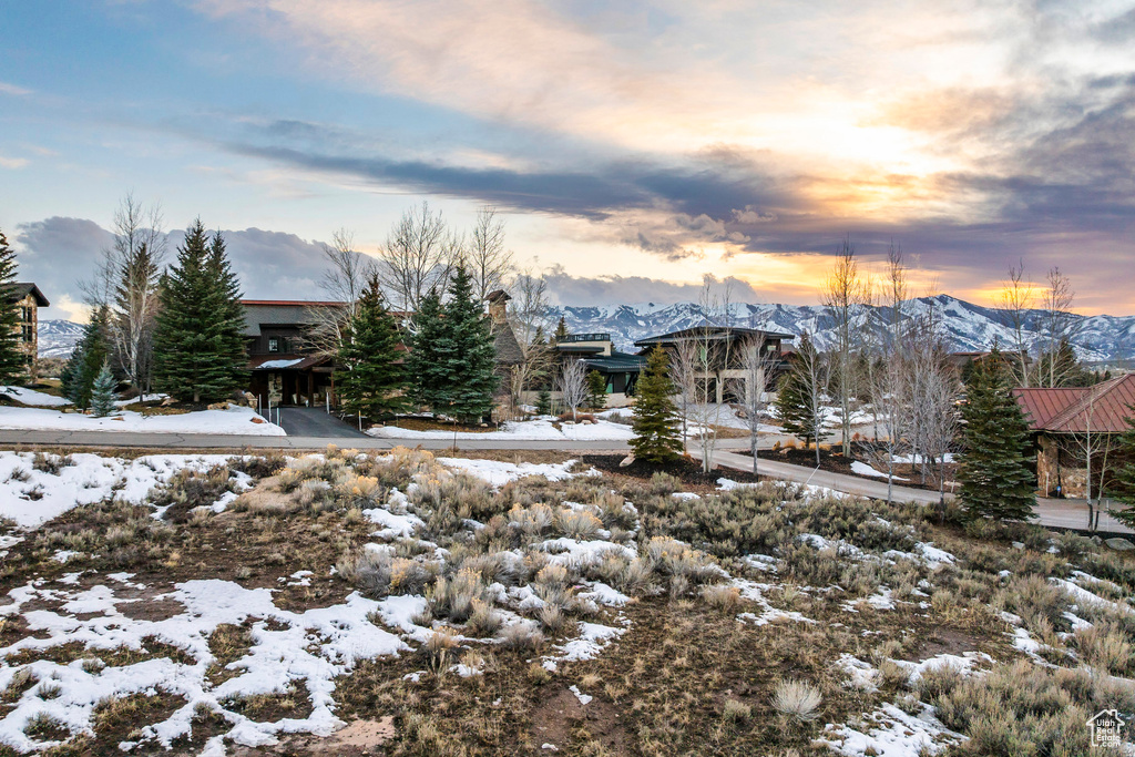 Snowy yard with a mountain view