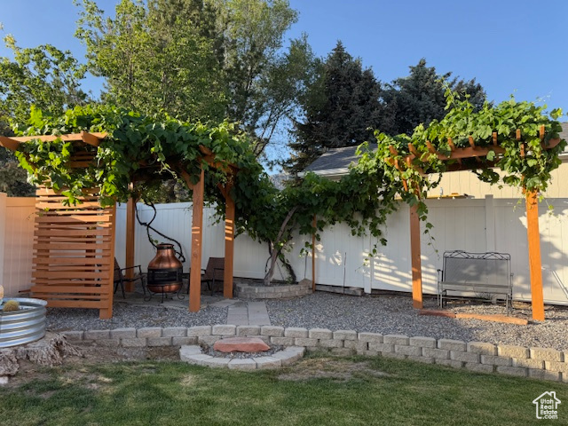 Rear view of house featuring a fenced backyard and a patio area