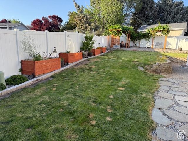 Fenced backyard with a vegetable garden