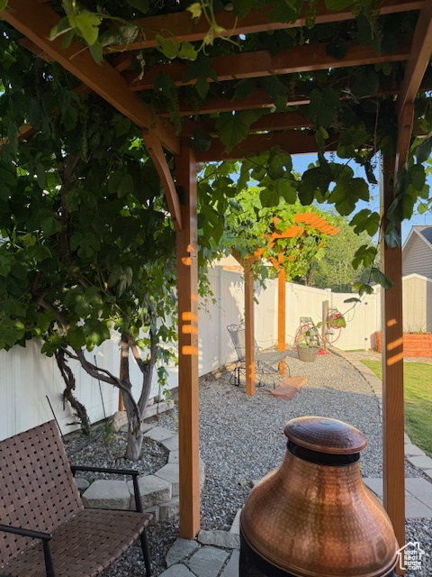 Fenced backyard with a patio area