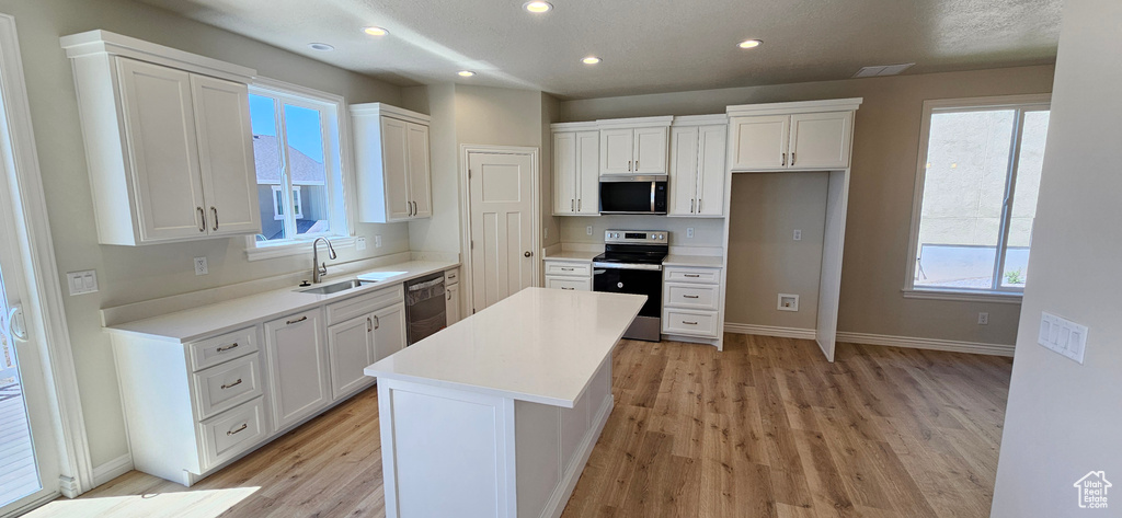 Kitchen with a sink, a center island, stainless steel appliances, and light wood finished floors