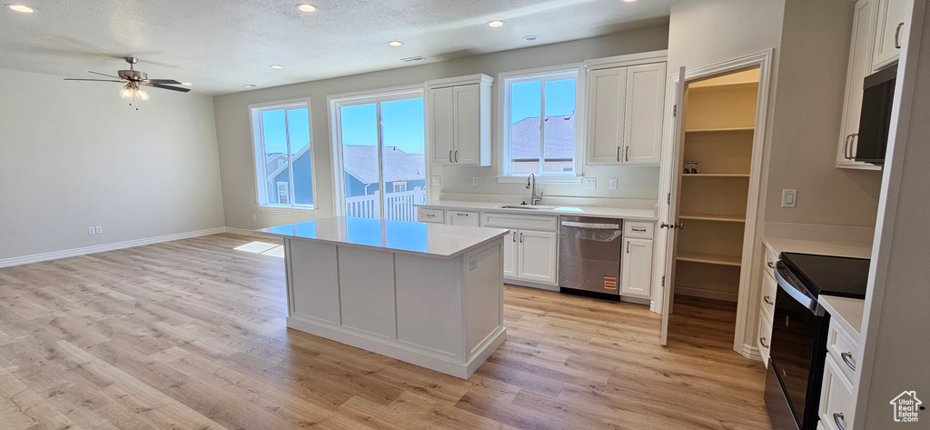 Kitchen with stainless steel dishwasher, electric range, ceiling fan, recessed lighting, and a sink