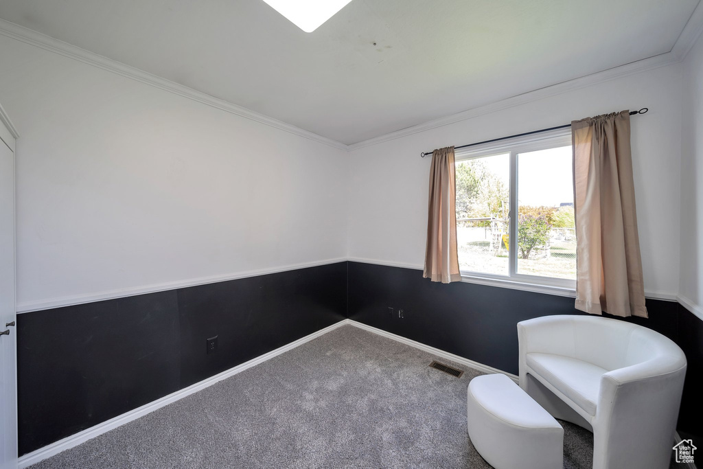 Living area featuring carpet, visible vents, crown molding, and baseboards