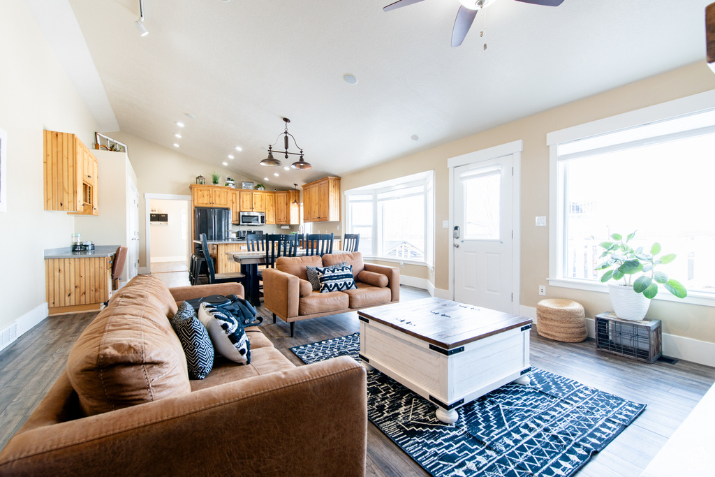 Living room with lofted ceiling, plenty of natural light, baseboards, and wood finished floors