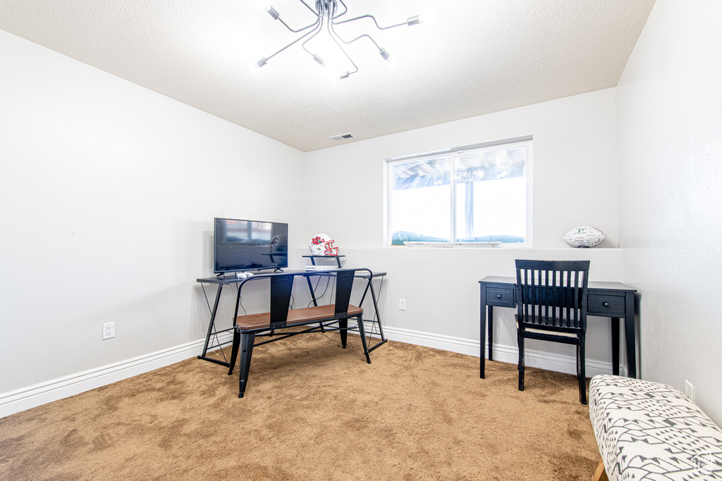 Office area featuring carpet, visible vents, a textured ceiling, and baseboards