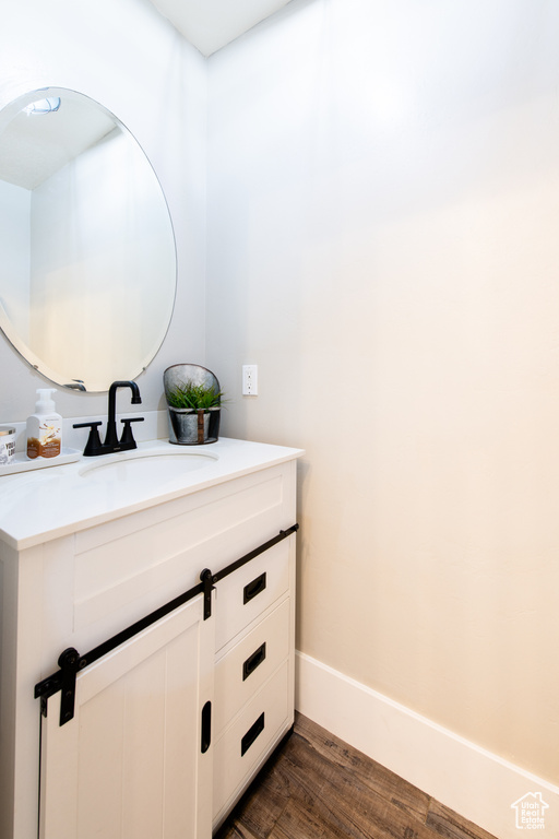 Bathroom featuring baseboards, wood finished floors, and vanity