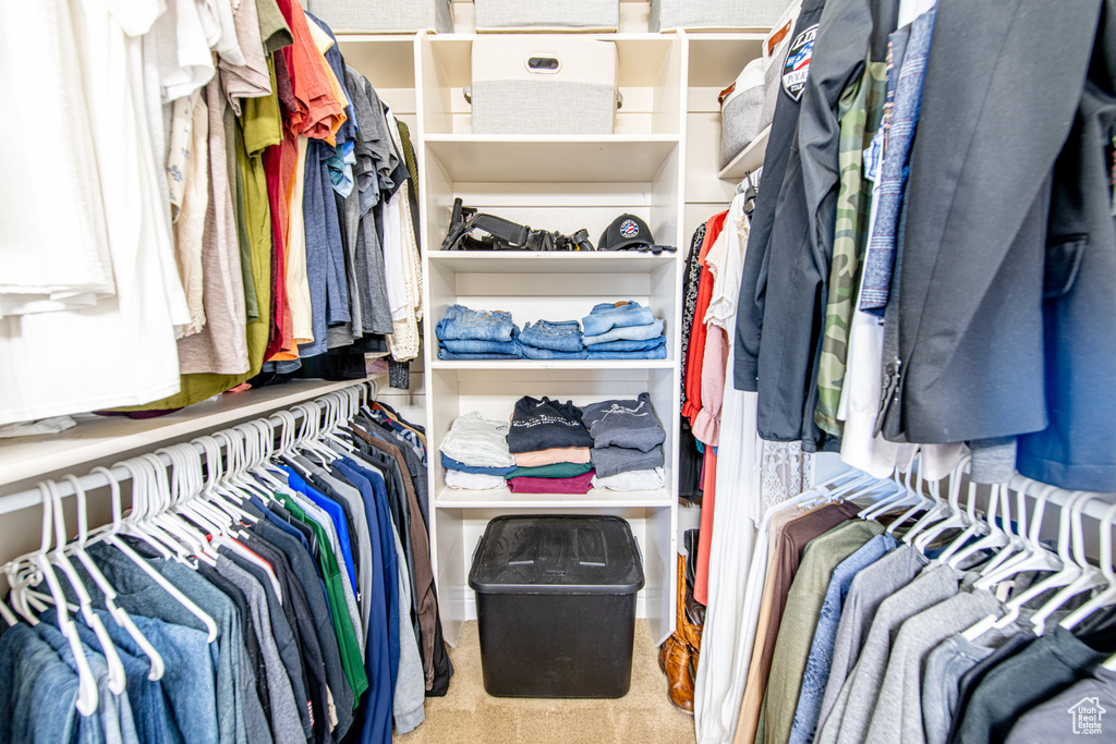 Walk in closet with carpet flooring