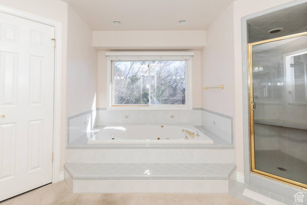 Bathroom with a jetted tub and a stall shower