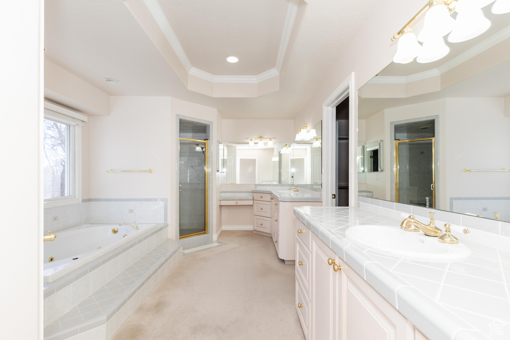 Full bathroom with a whirlpool tub, a tray ceiling, a stall shower, and a sink