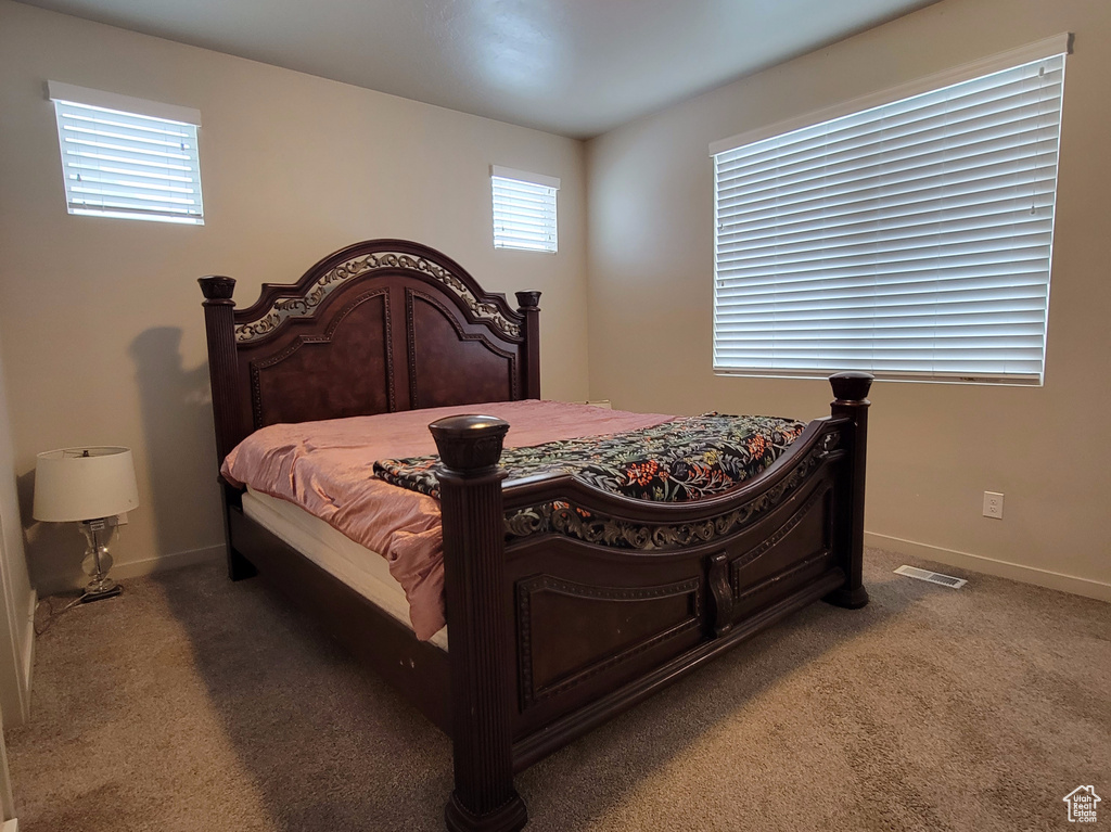 Bedroom with carpet flooring, baseboards, and multiple windows