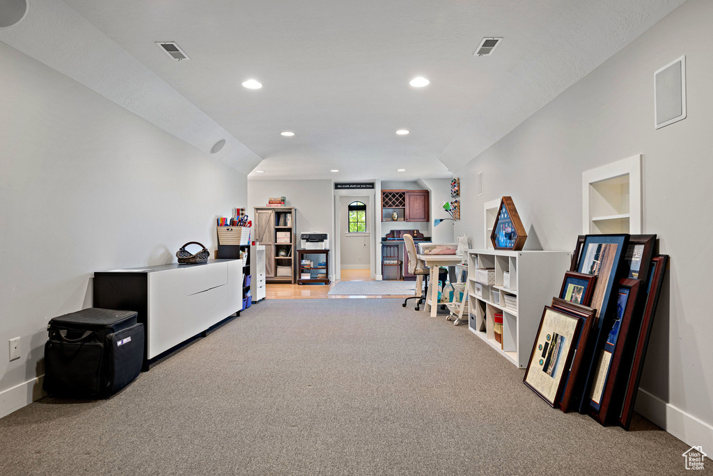 Rec room featuring carpet floors, recessed lighting, baseboards, and visible vents