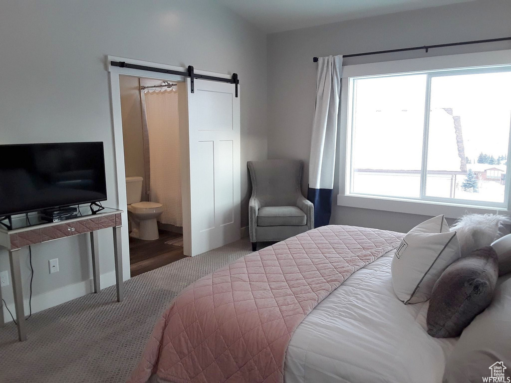 Bedroom featuring a barn door, carpet flooring, and connected bathroom