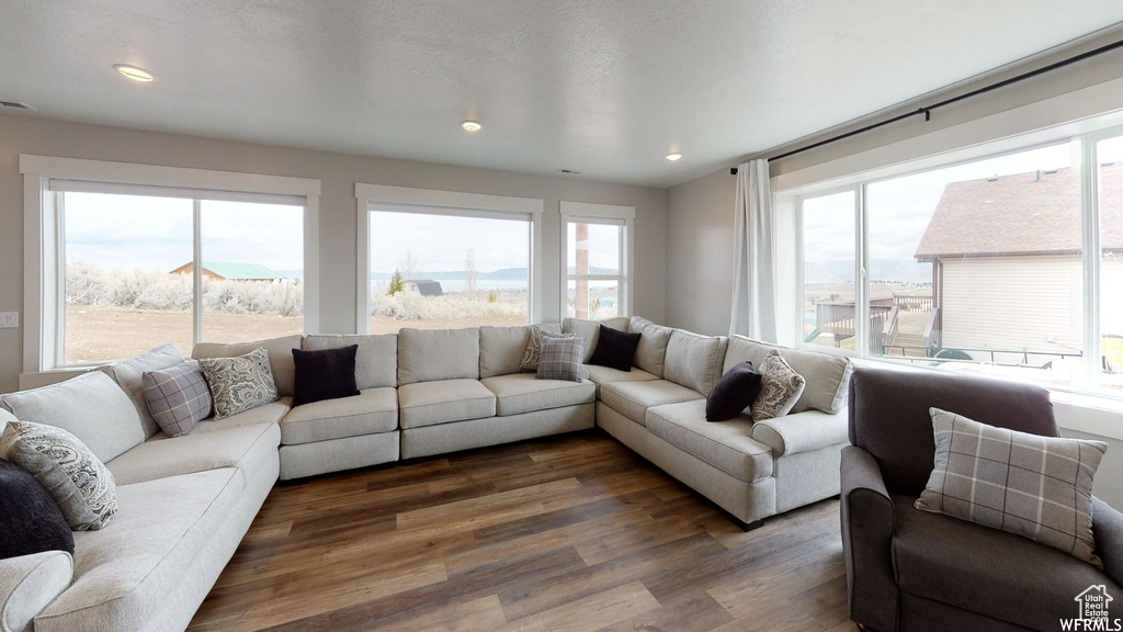 Living area with dark wood-type flooring and recessed lighting