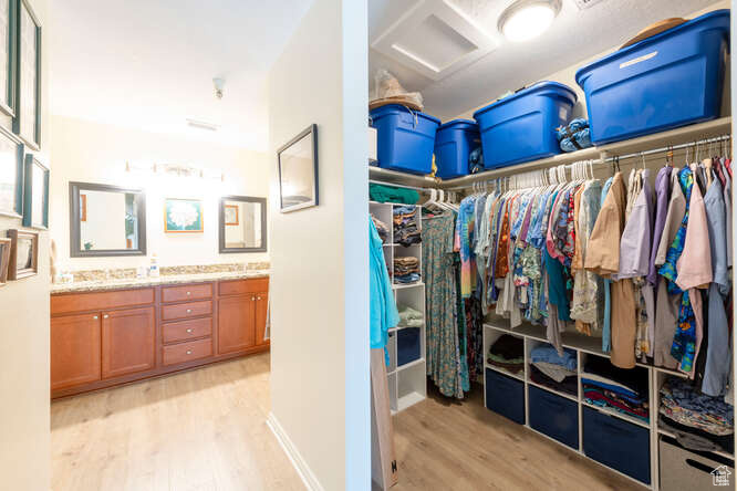 Spacious closet with light wood finished floors and attic access