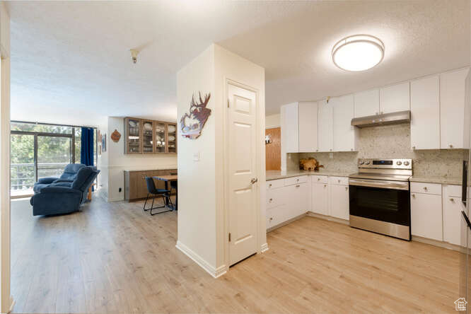 Kitchen featuring stainless steel electric range oven, under cabinet range hood, tasteful backsplash, open floor plan, and light wood-type flooring