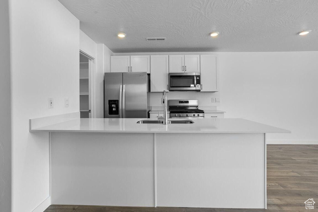 Kitchen featuring appliances with stainless steel finishes, light countertops, a sink, and wood finished floors