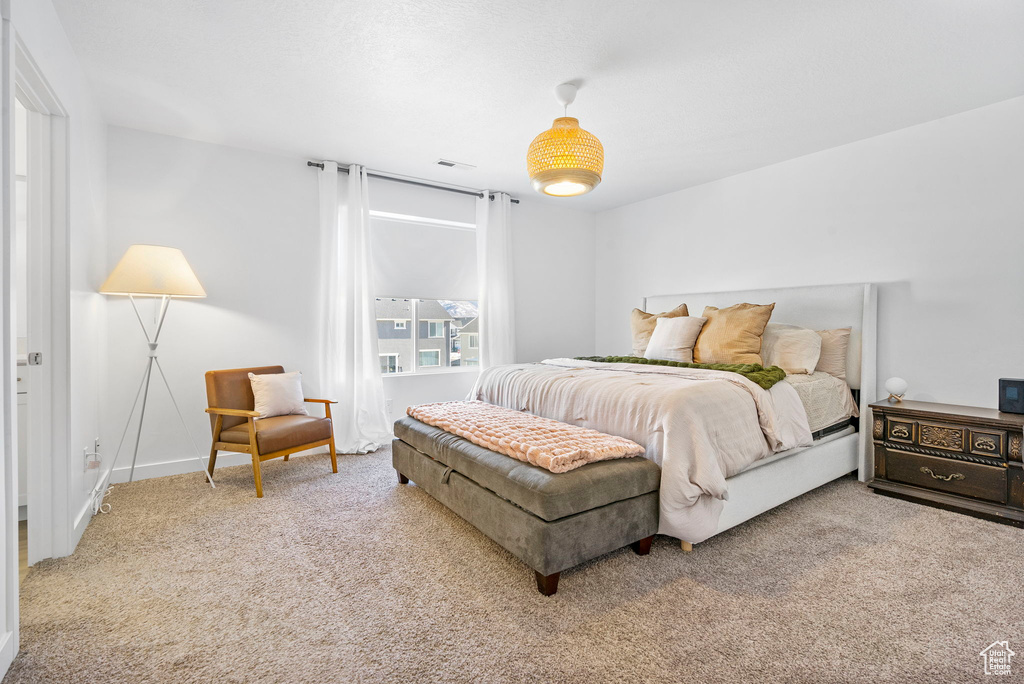 Bedroom featuring carpet floors, visible vents, and baseboards