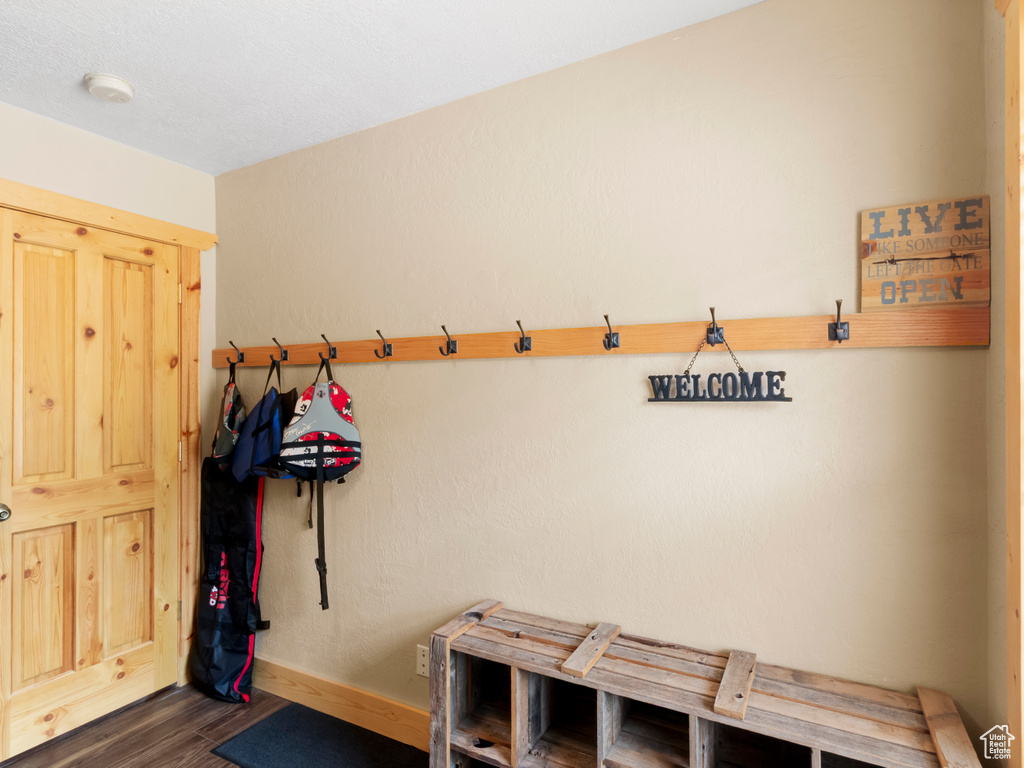 Mudroom featuring dark wood-style floors and baseboards