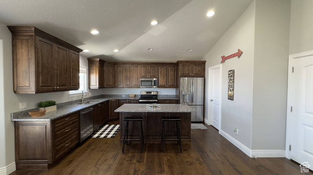 Kitchen featuring lofted ceiling, a kitchen island, a breakfast bar area, appliances with stainless steel finishes, and a sink