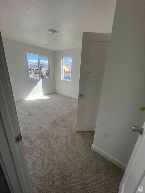 Carpeted spare room with a textured ceiling and baseboards