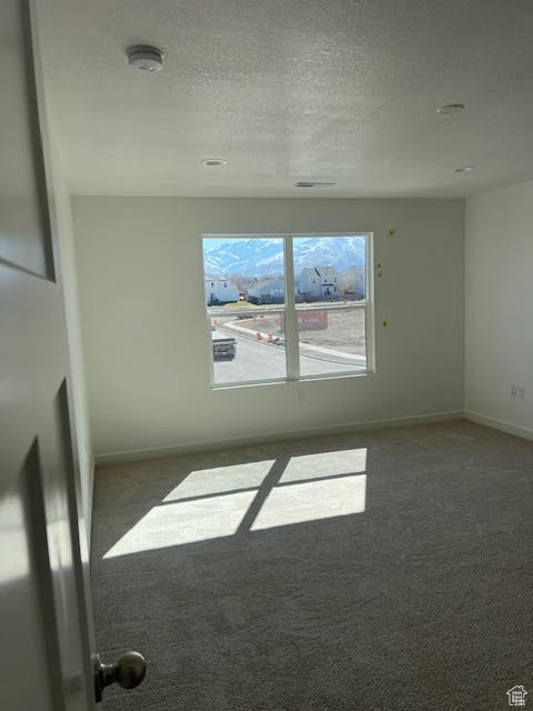 Spare room featuring a textured ceiling, carpet flooring, and baseboards