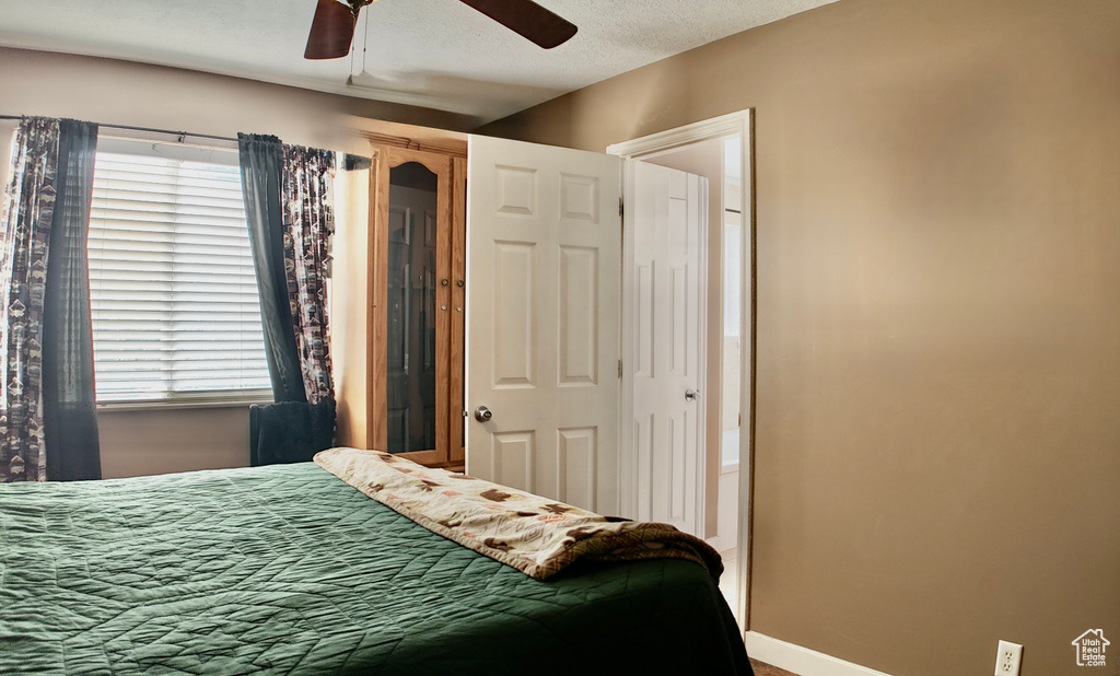 Bedroom featuring multiple windows, ceiling fan, and baseboards