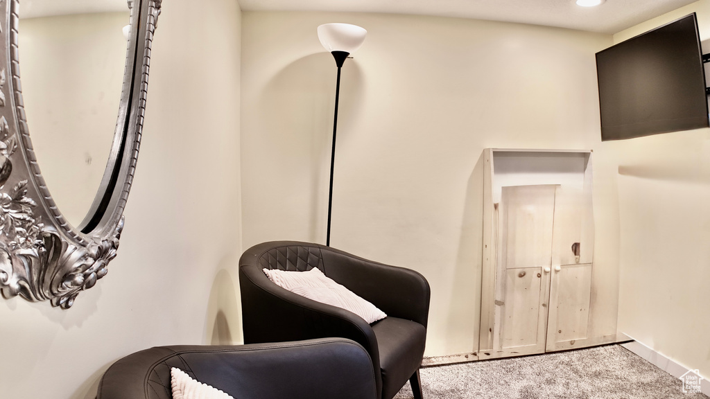 Sitting room featuring carpet floors, baseboards, and recessed lighting